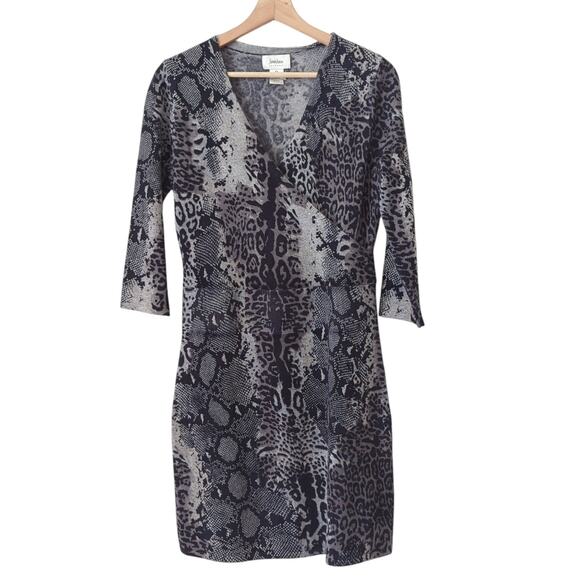 Neiman Marcus Cashmere Dress M Faux Wrap 1/2 Sleeve Mixed Animal Print Cheetah - Picture 1 of 7
